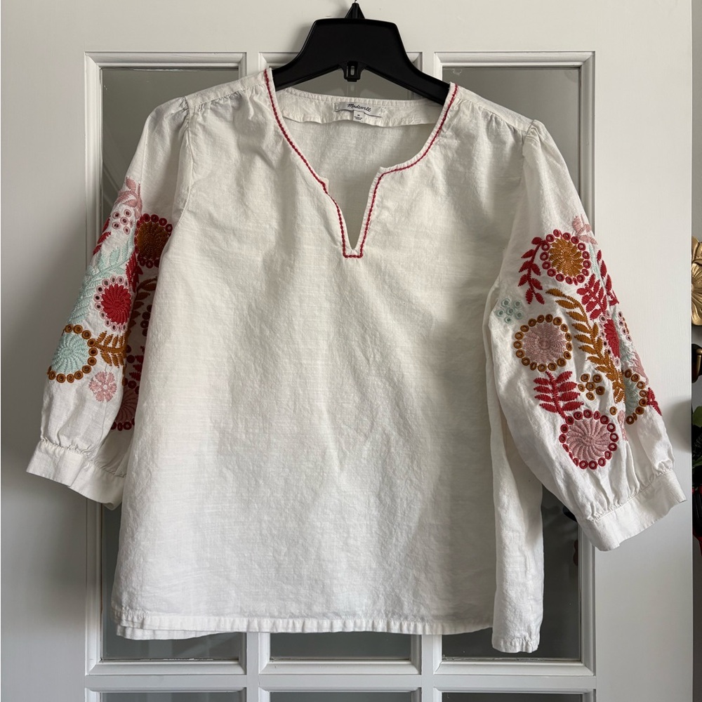 Madewell Embroidered-Sleeve Popover Top Womens Medium